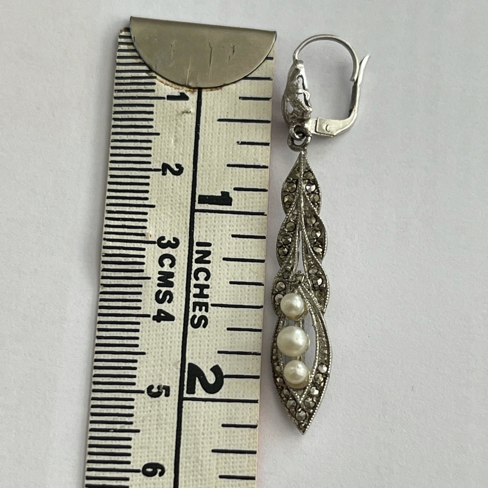 Antique pearl marcasite solid sterling silver earrings - Picture 4 of 6